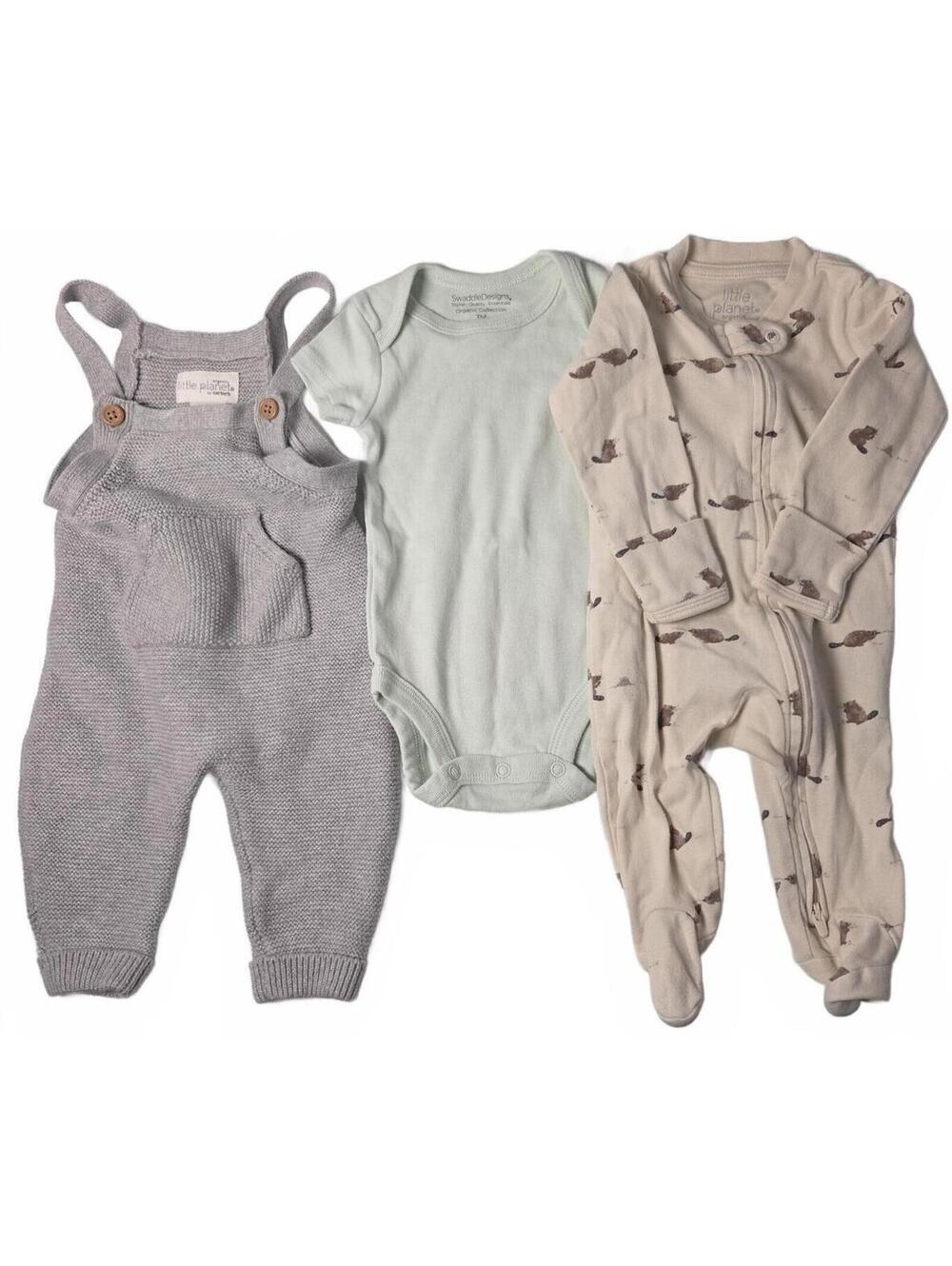 Baby Clothing Set - Knit Overalls, Organic Cotton Bodysuit, and Footed Sleeper